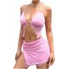 imageSHENHE Womens Y2k 2 Piece Sexy Outfits Lace Halter Crop Top and Low Rise Slit Mini Skirt SetPink