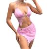 imageSHENHE Womens Y2k 2 Piece Sexy Outfits Lace Halter Crop Top and Low Rise Slit Mini Skirt SetPink