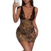 imageSHENHE Womens Deep V Neck Open Back Lace Bodycon Sexy Party Night Animal Print Mini DressBrown