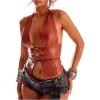 imageSHENHE Womens PU Leather Lace Up Halter Bustier Top Deep V Backless Sexy Club Rave Crop TopBrown