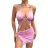 imageSHENHE Womens Y2k 2 Piece Sexy Outfits Lace Halter Crop Top and Low Rise Slit Mini Skirt SetPink