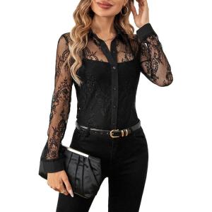 imageSHENHE Womens Floral Lace Sheer Button Up Blouse Sexy Long Sleeve Elegant Shirt Top