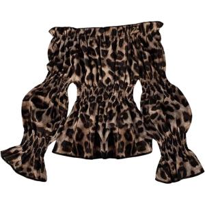 imageSHENHE Womens Leopard Off Shoulder Ruffle Hem Smocked Flounce Sleeve Peplum Top Blouse Coffee Brown Medium