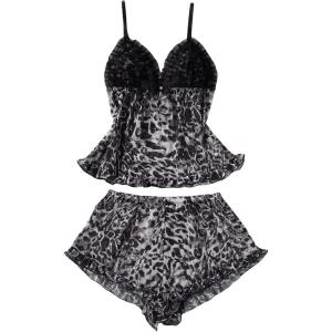 imageSHENHE Womens Mesh Pajama Set Ruffle Trim Cami and Shorts Sexy Sleepwear Leopard Pj SetBlack and White