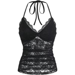 imageSHENHE Womens Y2k Lace Halter Top Tie Backless Deep V Neck Sexy Fitted Crop TopBlack