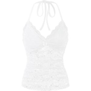 imageSHENHE Womens Y2k Lace Halter Top Tie Backless Deep V Neck Sexy Fitted Crop TopWhite
