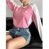 imageSHENHE Womens Color Block Crew Neck Star Graphic Raglan Shirt Loose Long Sleeve Tee TopWhite and Pink