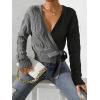 imageSHENHE Womens Color Block V Neck Knitted Tie Side Casual Wrap Cardigan Sweater TopGrey and Black