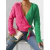 imageSHENHE Womens Color Block V Neck Knitted Tie Side Casual Wrap Cardigan Sweater TopPink and Green