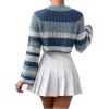 imageSHENHE Womens Crochet Striped Color Block Crewneck Long Sleeve Knit Cropped Sweater TopsBlue