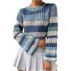 imageSHENHE Womens Crochet Striped Color Block Crewneck Long Sleeve Knit Cropped Sweater TopsBlue