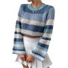 imageSHENHE Womens Crochet Striped Color Block Crewneck Long Sleeve Knit Cropped Sweater TopsBlue