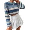 imageSHENHE Womens Crochet Striped Color Block Crewneck Long Sleeve Knit Cropped Sweater TopsBlue