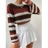imageSHENHE Womens Crochet Striped Color Block Crewneck Long Sleeve Knit Cropped Sweater TopsBrown and White
