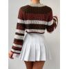 imageSHENHE Womens Crochet Striped Color Block Crewneck Long Sleeve Knit Cropped Sweater TopsBrown and White