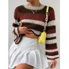 imageSHENHE Womens Crochet Striped Color Block Crewneck Long Sleeve Knit Cropped Sweater TopsBrown and White