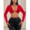 imageSHENHE Womens Deep V Neck Long Sleeve Plunge Crop Top Underwire Push Up Sexy Micro Crop TopRed