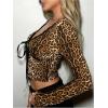 imageSHENHE Womens Sexy Leopard Lace Open Front Crop Top Tie Front Slim Fitted Long Sleeve T ShirtDeep Khaki
