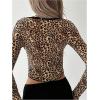 imageSHENHE Womens Sexy Leopard Lace Open Front Crop Top Tie Front Slim Fitted Long Sleeve T ShirtKhaki
