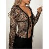 imageSHENHE Womens Sexy Leopard Lace Open Front Crop Top Tie Front Slim Fitted Long Sleeve T ShirtLight Brown
