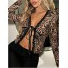 imageSHENHE Womens Sexy Leopard Lace Open Front Crop Top Tie Front Slim Fitted Long Sleeve T ShirtLight Brown