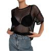 imageSHENHE Womens Striped See Through Mesh Crew Neck Short Sleeve Sheer Sexy Tee TopBlack
