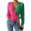 imageSHENHE Womens Color Block V Neck Knitted Tie Side Casual Wrap Cardigan Sweater TopPink and Green