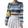 imageSHENHE Womens Crochet Striped Color Block Crewneck Long Sleeve Knit Cropped Sweater TopsBlue