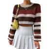 imageSHENHE Womens Crochet Striped Color Block Crewneck Long Sleeve Knit Cropped Sweater TopsBrown and White