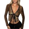 imageSHENHE Womens Sexy Leopard Lace Open Front Crop Top Tie Front Slim Fitted Long Sleeve T ShirtDeep Khaki