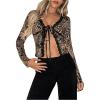 imageSHENHE Womens Sexy Leopard Lace Open Front Crop Top Tie Front Slim Fitted Long Sleeve T ShirtLight Brown