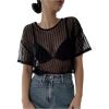 imageSHENHE Womens Striped See Through Mesh Crew Neck Short Sleeve Sheer Sexy Tee TopBlack