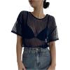 imageSHENHE Womens Striped See Through Mesh Crew Neck Short Sleeve Sheer Sexy Tee TopDeep Blue