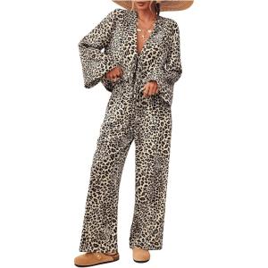 imageSHENHE Womens 2 Piece Outfits Tie Front Long Sleeve Top Blouse and Wide Leg Pants Going Out Set Leopard Print Khaki Medium