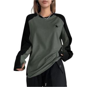 imageSHENHE Womens Color Block Crew Neck Star Graphic Raglan Shirt Loose Long Sleeve Tee TopArmy Green