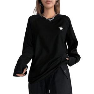 imageSHENHE Womens Color Block Crew Neck Star Graphic Raglan Shirt Loose Long Sleeve Tee TopBlack