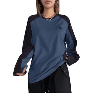 imageSHENHE Womens Color Block Crew Neck Star Graphic Raglan Shirt Loose Long Sleeve Tee TopBlack and Blue