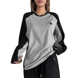 imageSHENHE Womens Color Block Crew Neck Star Graphic Raglan Shirt Loose Long Sleeve Tee TopBlack and Gray