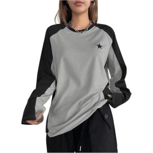 imageSHENHE Womens Color Block Crew Neck Star Graphic Raglan Shirt Loose Long Sleeve Tee TopBlack and Grey