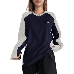 imageSHENHE Womens Color Block Crew Neck Star Graphic Raglan Shirt Loose Long Sleeve Tee TopBlue and White