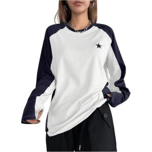imageSHENHE Womens Color Block Crew Neck Star Graphic Raglan Shirt Loose Long Sleeve Tee TopDeep Blue