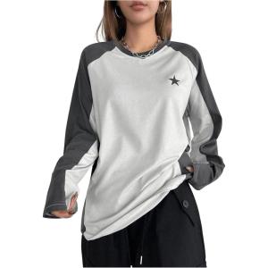imageSHENHE Womens Color Block Crew Neck Star Graphic Raglan Shirt Loose Long Sleeve Tee TopGray and White