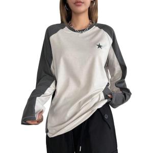 imageSHENHE Womens Color Block Crew Neck Star Graphic Raglan Shirt Loose Long Sleeve Tee TopGrey