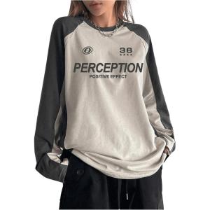 imageSHENHE Womens Color Block Crew Neck Star Graphic Raglan Shirt Loose Long Sleeve Tee TopGrey and Apricot