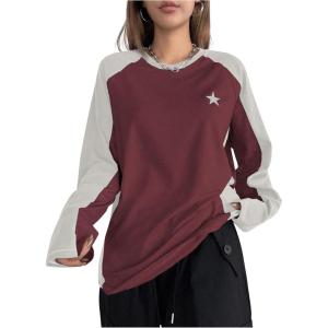 imageSHENHE Womens Color Block Crew Neck Star Graphic Raglan Shirt Loose Long Sleeve Tee TopGrey and Red