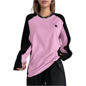 imageSHENHE Womens Color Block Crew Neck Star Graphic Raglan Shirt Loose Long Sleeve Tee TopPink