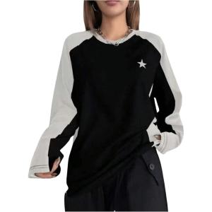 imageSHENHE Womens Color Block Crew Neck Star Graphic Raglan Shirt Loose Long Sleeve Tee TopWhite and Black