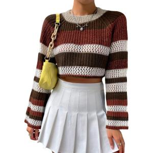 imageSHENHE Womens Crochet Striped Color Block Crewneck Long Sleeve Knit Cropped Sweater TopsBrown and White