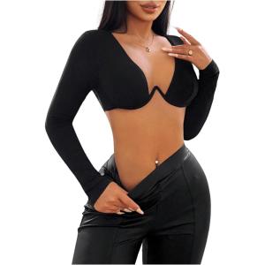 imageSHENHE Womens Deep V Neck Long Sleeve Plunge Crop Top Underwire Push Up Sexy Micro Crop TopBlack