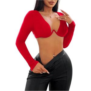 imageSHENHE Womens Deep V Neck Long Sleeve Plunge Crop Top Underwire Push Up Sexy Micro Crop TopRed